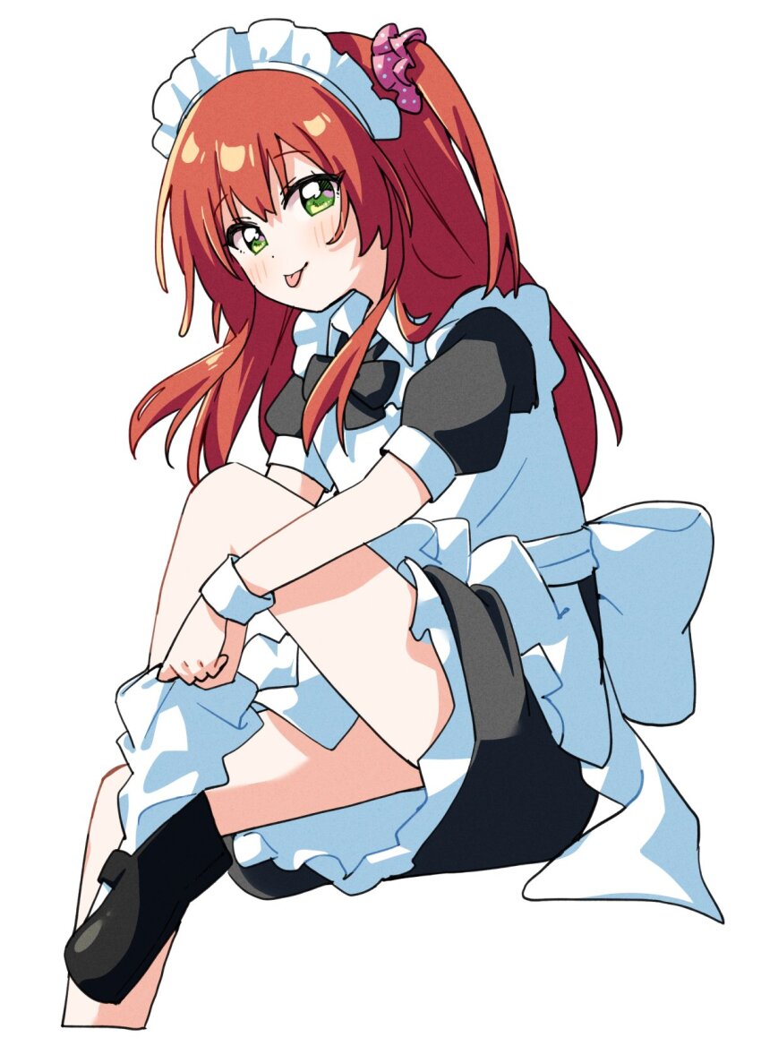 1girl :p alternate_costume apron bare_arms bare_legs black_bow black_bowtie black_dress black_shoes bocchi_the_rock! bow bowtie commentary dress enmaided foot_out_of_frame frills green_eyes hair_ornament hair_scrunchie haru_(konomi_150) highres kita_ikuyo light_blush long_hair looking_at_viewer maid maid_headdress mary_janes one_side_up pink_scrunchie puffy_short_sleeves puffy_sleeves red_hair scrunchie shoes short_sleeves simple_background sitting smile sock_pull solo tongue tongue_out white_apron white_background wrist_cuffs