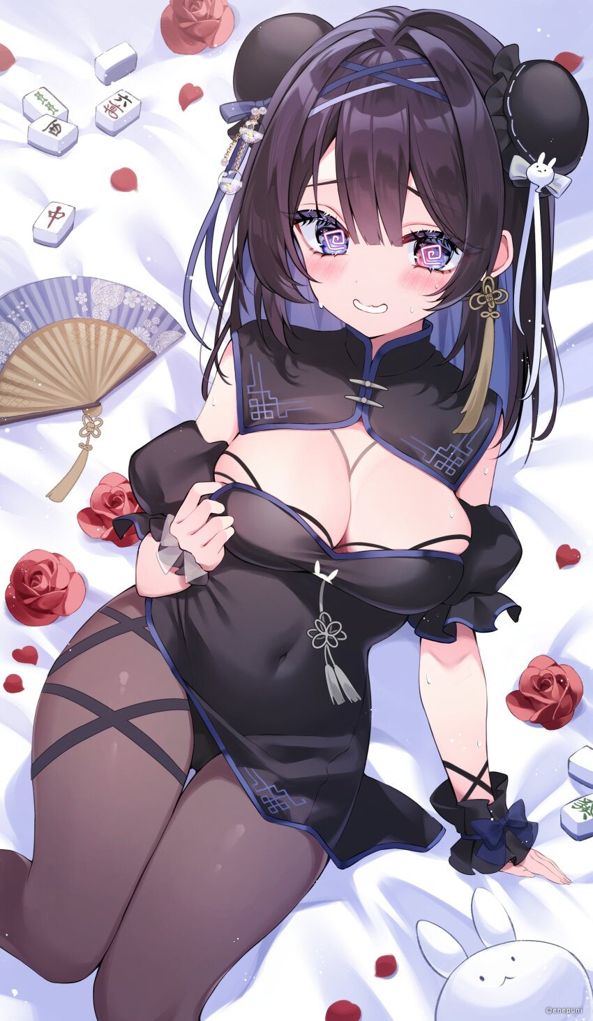 1girl @_@ absurdres bed_sheet black_dress black_hair black_pantyhose black_sleeves black_wrist_cuffs blue_eyes blush breasts cleavage closed_mouth commentary commission covered_navel detached_sleeves double_bun dress earrings eneru_(enepuni) flower frilled_wrist_cuffs frills hair_bun hand_fan heterochromia highres jewelry large_breasts long_hair looking_at_viewer mahjong mahjong_tile object_request original pantyhose parted_lips puffy_short_sleeves puffy_sleeves red_eyes red_flower short_sleeves sitting skeb_commission smile solo strapless strapless_dress tassel tassel_earrings wrist_cuffs