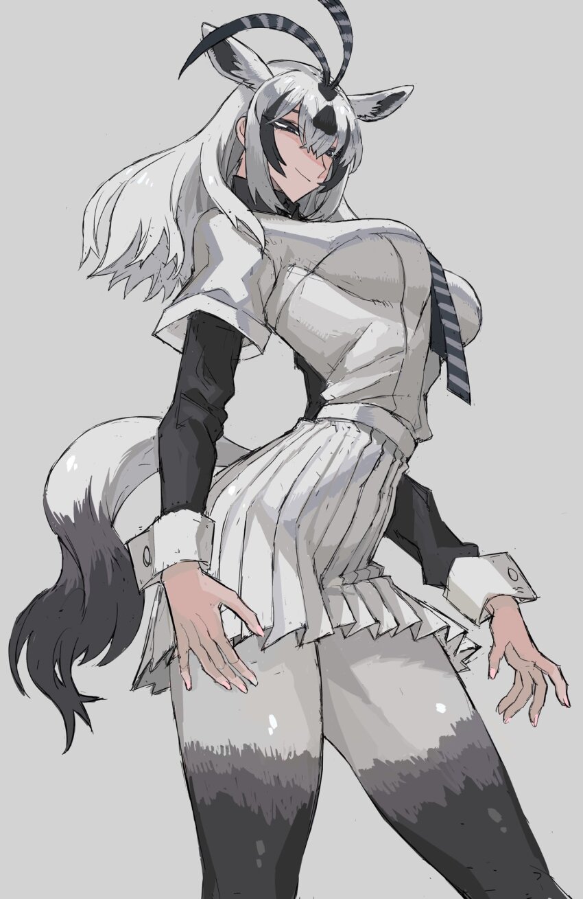 10den 1girl animal_ears arabian_oryx_(kemono_friends) black_eyes breasts extra_ears gazelle_ears gazelle_tail grey_background highres kemono_friends large_breasts long_hair looking_at_viewer necktie pantyhose shirt simple_background skirt solo tail white_hair wrist_cuffs