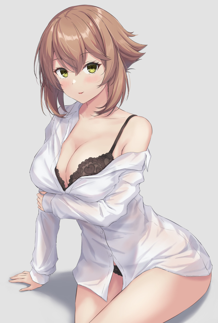 1girl absurdres black_bra blush bra breasts brown_hair gradient_background green_eyes grey_background highres kantai_collection large_breasts long_sleeves looking_at_viewer monoku mutsu_(kancolle) panties shirt short_hair sitting smile solo underwear white_shirt