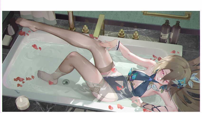1girl absurdres adapted_costume bare_shoulders bathtub black_bodysuit black_thighhighs blue_leotard blush bodysuit breasts candle candlestand center_opening chinese_commentary chromatic_aberration clothing_cutout comet-c commentary_request criss-cross_halter feet from_above grey_thighhighs hair_between_eyes hair_ornament hair_spread_out halterneck hand_on_own_knee highres honkai_(series) honkai_impact_3rd in_water indoors large_breasts leg_up leotard looking_at_viewer navel navel_cutout no_shoes open_mouth red_eyes red_petals smile solo thighhighs thighs toes vita_(honkai_impact) vita_(lone_planetfarer)_(honkai_impact) water wet yellow_pupils