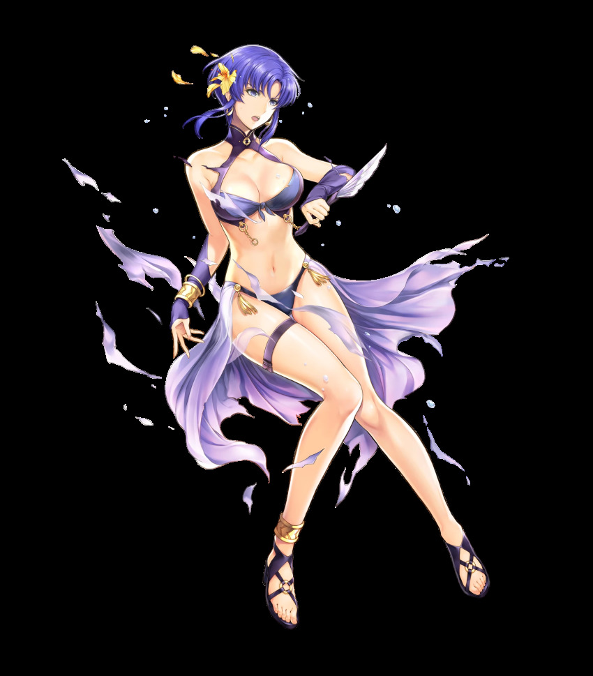 1girl bare_shoulders bikini blue_eyes blue_hair breasts cleavage dagger earrings feet female_focus fire_emblem fire_emblem:_the_blazing_blade fire_emblem_heroes flower full_body hair_flower hair_ornament hibiscus high_heel_sandals highres jewelry knife matching_hair/eyes medium_breasts navel nintendo official_art sandals short_hair solo swimsuit thigh_strap toes torn_clothes transparent_background ursula_(fire_emblem) ursula_(summer)_(fire_emblem) weapon yamada_koutarou