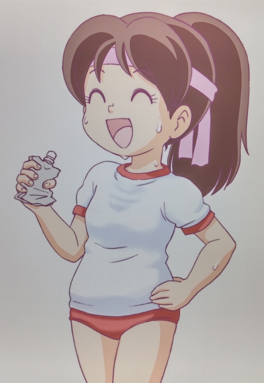 brown_hair child genji_tsuushin_agedama gym gym_shorts gym_uniform heike_ibuki highres juice juice_box ponytail shirt shorts smile sportswear sweat sweatdrop tenpuraken