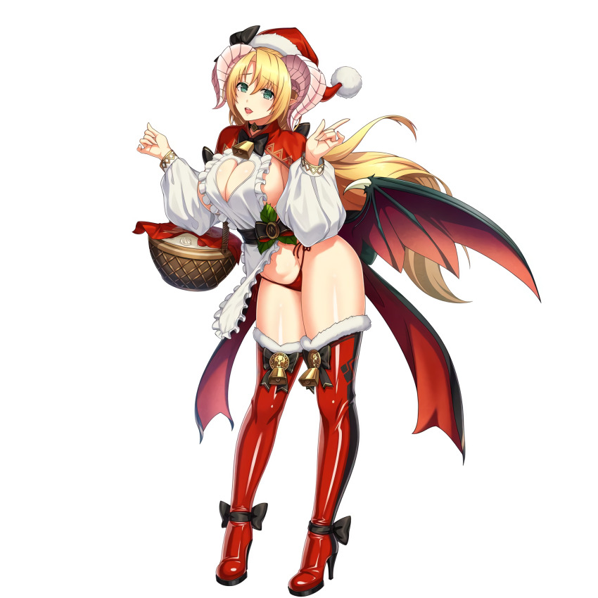 1girl apron bell blonde_hair boots breasts demon_girl demon_horns demon_wings full_body green_eyes hat highres horns large_breasts long_hair mammon_(sin_nanatsu_no_taizai) mammon_(the_seven_deadly_sins) merry_christmas nishii_(damnedrive) official_art santa_hat sin_nanatsu_no_taizai solo standing the_seven_deadly_sins underwear very_long_hair wings