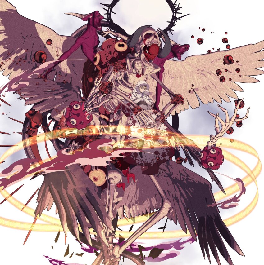 1girl black_boots black_eyes blonde_hair blood blood_drop blood_on_clothes bloody_clothes bloody_dress bloody_tears bone boots closed_eyes colored_sclera commentary crown_of_thorns curled_horns demon_horns dress edoya_inuhachi elbow_gloves eldritch_abomination extra_eyes feathered_wings floating floating_blood floating_crown gloves goat guimpe height_difference highres horns interlocked_fingers juliet_sleeves long_dress long_sleeves marble_(stone) marble_sculpture monster multiple_heads multiple_wings nun open_mouth original own_hands_clasped own_hands_together praying puffy_sleeves skull smile statue teeth thorns traditional_nun veil white_background white_dress white_gloves white_veil white_wings wimple wings yellow_sclera