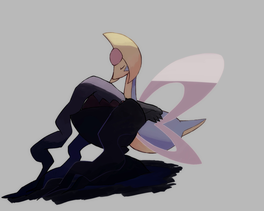 animal_focus ashita_mo backlighting closed_eyes colored_lineart commentary_request contrast cresselia dark darkrai floating from_side full_body gen_4_pokemon grey_background head_on_chest highres hug in_shadow legendary_pokemon linear_vignetting mythical_pokemon nintendo no_humans pokemon pokemon_(creature) shade shadow simple_background vignetting white_hair