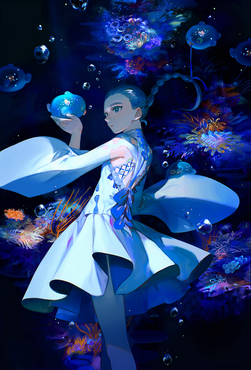 1girl animal back_cutout back_ribbon bangs_pinned_back black_background blue_ribbon blue_theme braid braided_ponytail bubble clothing_cutout coral coral_reef cowboy_shot dress fish furisode_sleeves hair_ribbon halterneck hand_up highres holding holding_animal holding_fish lone_nape_hair long_hair looking_at_animal original pantyhose parted_lips pleated_dress pofu31 ribbon side_cutout solo transparent_animal transparent_fish tying_another&#039;s_hair underwater white_dress white_pantyhose zero_gravity