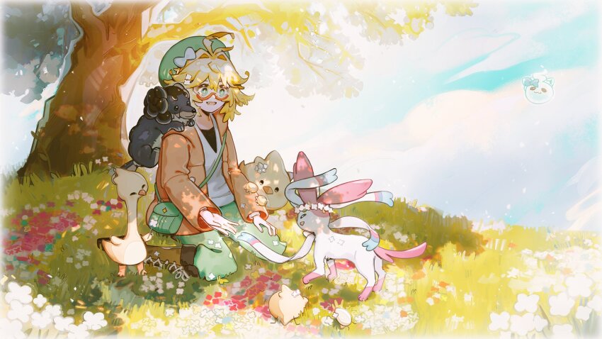 alternate_costume bag bespectacled bianca_(pokemon) bianca_(pokemon)_(cosplay) boots brown_footwear commentary cosplay day doki_amber_doge_(dokibird) dokibird_(vtuber) dragoon_(dokibird) english_commentary flower full_body gen_6_pokemon glasses grass green_hat green_pants handbag hat highres indie_virtual_youtuber jacket nintendo orange_jacket outdoors pants pink_flower pokemon pokemon_bw2 renkkai sitting sky sylveon tree virtual_youtuber wisps_(mint_fantome)