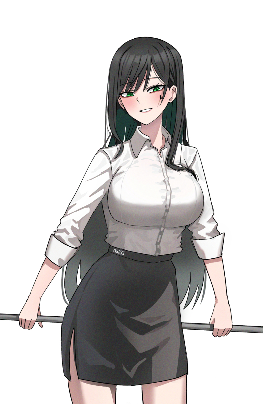 1girl a5235 aged_up alternate_costume artist_name black_hair black_skirt breasts collared_shirt colored_inner_hair death_hammer_chouloky dress_shirt green_eyes green_hair hair_down highres holding holding_weapon large_breasts long_hair long_sleeves looking_at_viewer miniskirt multicolored_hair office_lady parted_lips pencil_skirt shirt side_slit simple_background skirt sleeves_rolled_up smirk solo teardrop_facial_mark very_long_hair virtual_youtuber waktaverse weapon white_background white_shirt wing_collar