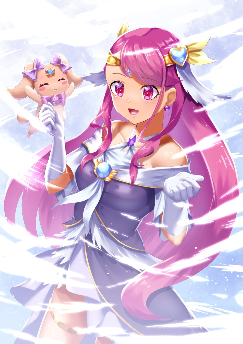 1girl absurdres alternate_costume breasts brooch cosplay cowboy_shot criss-cross_halter cure_earth cure_earth_(cosplay) cure_grace curecycadura dog dress earrings elbow_gloves feathers gloves hair_between_eyes halterneck hanadera_nodoka healin&#039;_good_precure healing_animal highres jewelry latte_(precure) long_hair magical_girl medium_breasts open_mouth pink_eyes pink_hair precure purple_background purple_dress smile solo star_(symbol) star_symbol_background tiara white_gloves wind wings