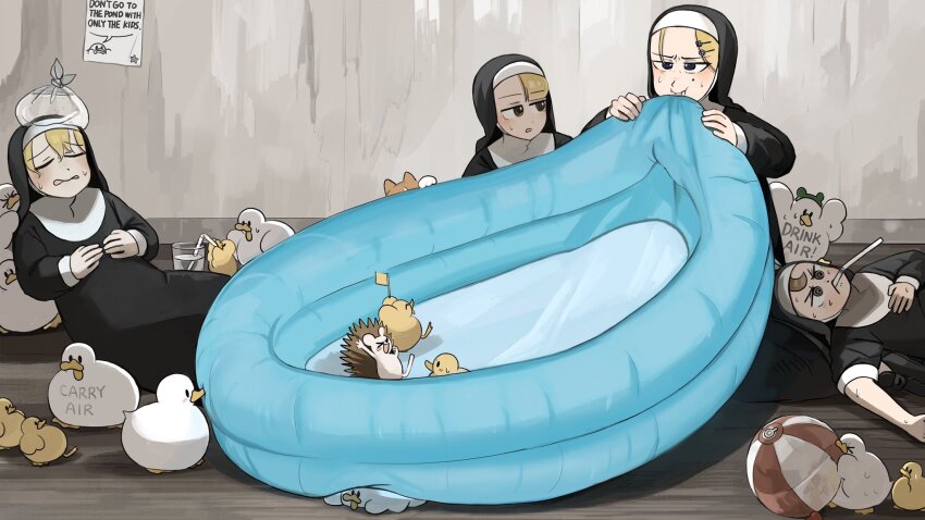 4girls @_@ bird blonde_hair blowing blue_eyes body_writing brown_eyes brown_hair cat chicken closed_eyes clumsy_nun_(diva) commentary diva_(hyxpk) duck duckling english_commentary exhausted flower frog_headband froggy_nun_(diva) habit hair_flower hair_ornament hairclip hedgehog highres little_nuns_(diva) lying mole mole_on_cheek multiple_girls nun slice_of_life spicy_nun_(diva) strict_nun_(diva) traditional_nun wading_pool water yellow_eyes