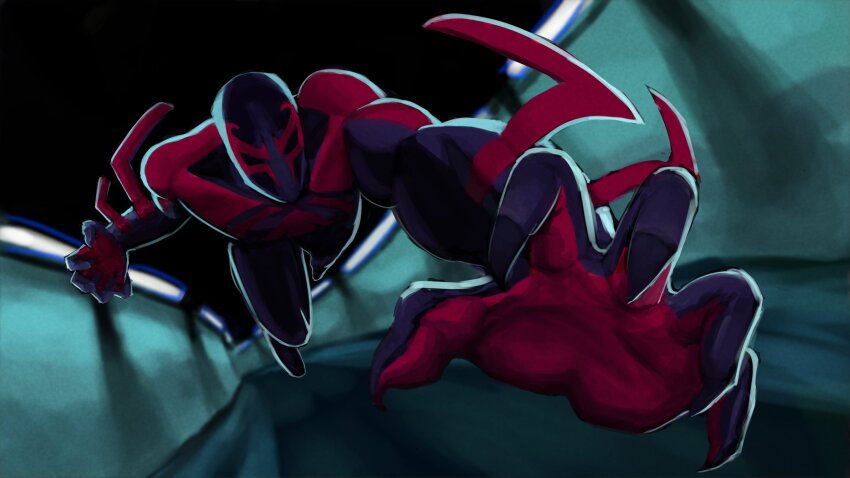 1boy absurdres blurry blurry_background commentary foreshortening highres male_focus marvel mask muscular muscular_male reaching reaching_towards_viewer solo spider-man:_across_the_spider-verse spider-man_(2099) spider-man_(series) spider-verse superhero_costume titann