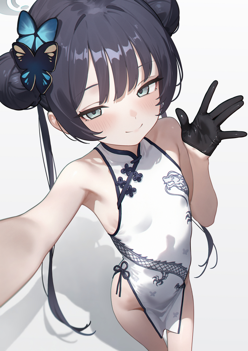 1girl absurdres alternate_color armpits black_gloves black_hair blue_archive breasts china_dress chinese_clothes closed_mouth commentary_request double_bun dragon_print dress eco_376124 gloves grey_eyes grey_halo hair_bun halo highres kisaki_(blue_archive) loli looking_at_viewer pelvic_curtain selfie small_breasts solo twintails white_dress