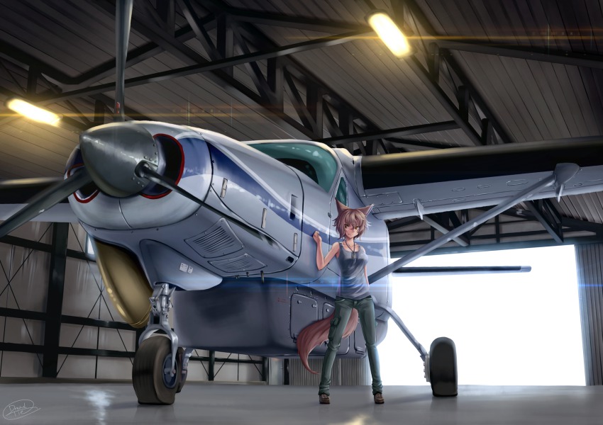 1girl aircraft airplane animal_ears bad_id bad_pixiv_id brown_eyes brown_hair dreadtie eunice_fleetwood female_focus highres original short_hair solo