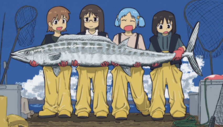 4girls :d absurdres aioi_yuuko animal black_eyes black_hair blue_hair blue_sky boots brown_eyes brown_hair cube_hair_ornament fish fubarmoe glasses gloves hair_ornament highres holding holding_animal holding_fish minakami_mai multiple_girls naganohara_mio net nichijou open_mouth outdoors overalls red_gloves semi-rimless_eyewear shinonome_nano sky smile standing under-rim_eyewear yellow_overalls