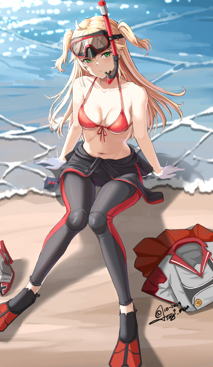 1girl absurdres admiral_hipper_(azur_lane) azur_lane beach bikini bikini_top_only blonde_hair blush bodysuit breasts brown_curtains clothes commentary commission cross diving_mask diving_mask_on_head diving_suit english_commentary flippers goggles goggles_on_head green_eyes highres iron_blood_(emblem) iron_cross long_hair looking_at_viewer mask medium_breasts navel ocean open_suit outdoors pixiv_commission red_bikini sitting snorkel solo sundajin_asagi swimsuit twintails wetsuit
