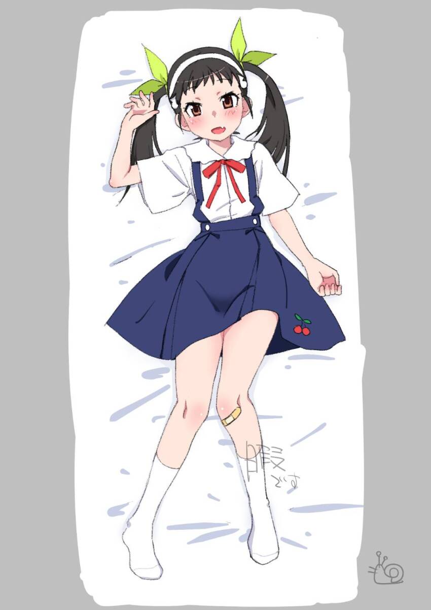 1girl arm_at_side bandaid bandaid_on_knee bandaid_on_leg black_hair blue_skirt blush bolo_tie bow brown_eyes cherry_print collared_shirt dakimakura_(medium) dot_nose fang food_print fruit_print full_body green_bow grey_background hachikuji_mayoi hair_bow hairband hand_up highres itoma_mahimahi long_hair looking_at_viewer lying monogatari_(series) necktie on_back on_bed open_mouth print_skirt red_necktie shirt short_bangs short_sleeves signature simple_background skin_fang skirt snail socks solo straight_hair suspender_skirt suspenders twintails white_hairband white_shirt white_socks