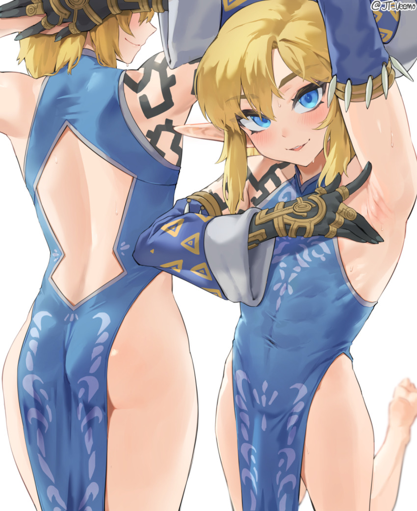 1boy arm_up armpit_crease armpits artist_name ass back_cutout bare_shoulders barefoot black_nails black_skin blue_eyes closed_mouth clothing_cutout colored_skin covered_navel crossdressing facing_to_the_side from_behind highres jtveemo link looking_at_viewer male_focus multiple_views nintendo pointy_ears presenting_armpit shiny_skin shoulder_tattoo simple_background smile spread_armpit tattoo the_legend_of_zelda the_legend_of_zelda:_tears_of_the_kingdom trap white_background