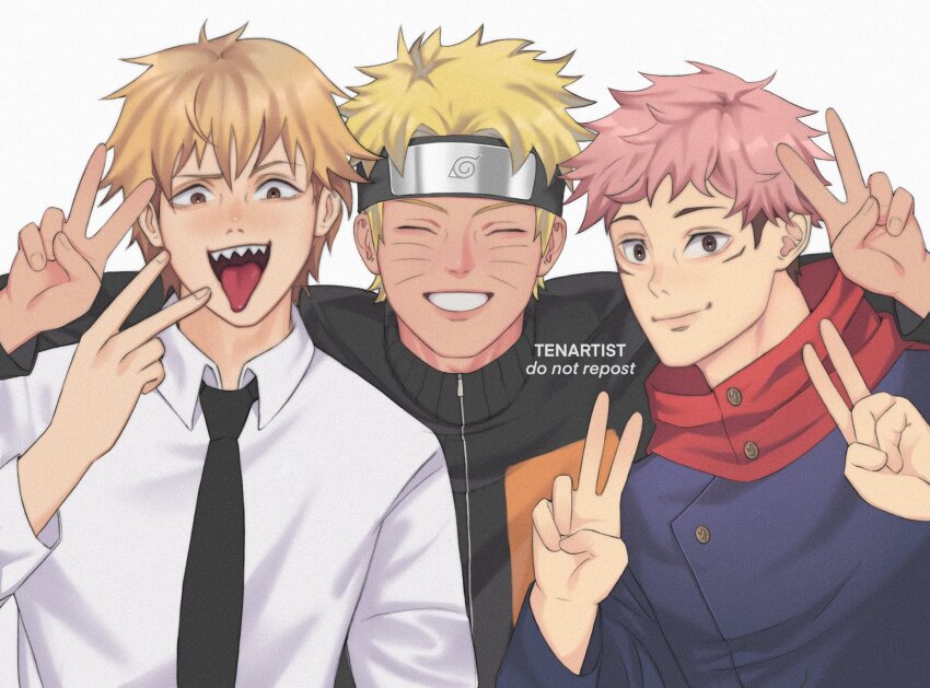 3boys arm_around_shoulder artist_name black_headband black_jacket blonde_hair brown_eyes chainsaw_man closed_eyes closed_mouth collared_shirt denji_(chainsaw_man) double_v facial_mark grin headband highres itadori_yuuji jacket jujutsu_kaisen jujutsu_tech_uniform male_focus multicolored_jacket multiple_boys naruto_(series) open_mouth orange_jacket pink_hair sharp_teeth shirt short_hair smile spiked_hair teeth tenartistt tongue tongue_out two-tone_jacket upper_body uzumaki_naruto v whisker_markings white_background white_shirt
