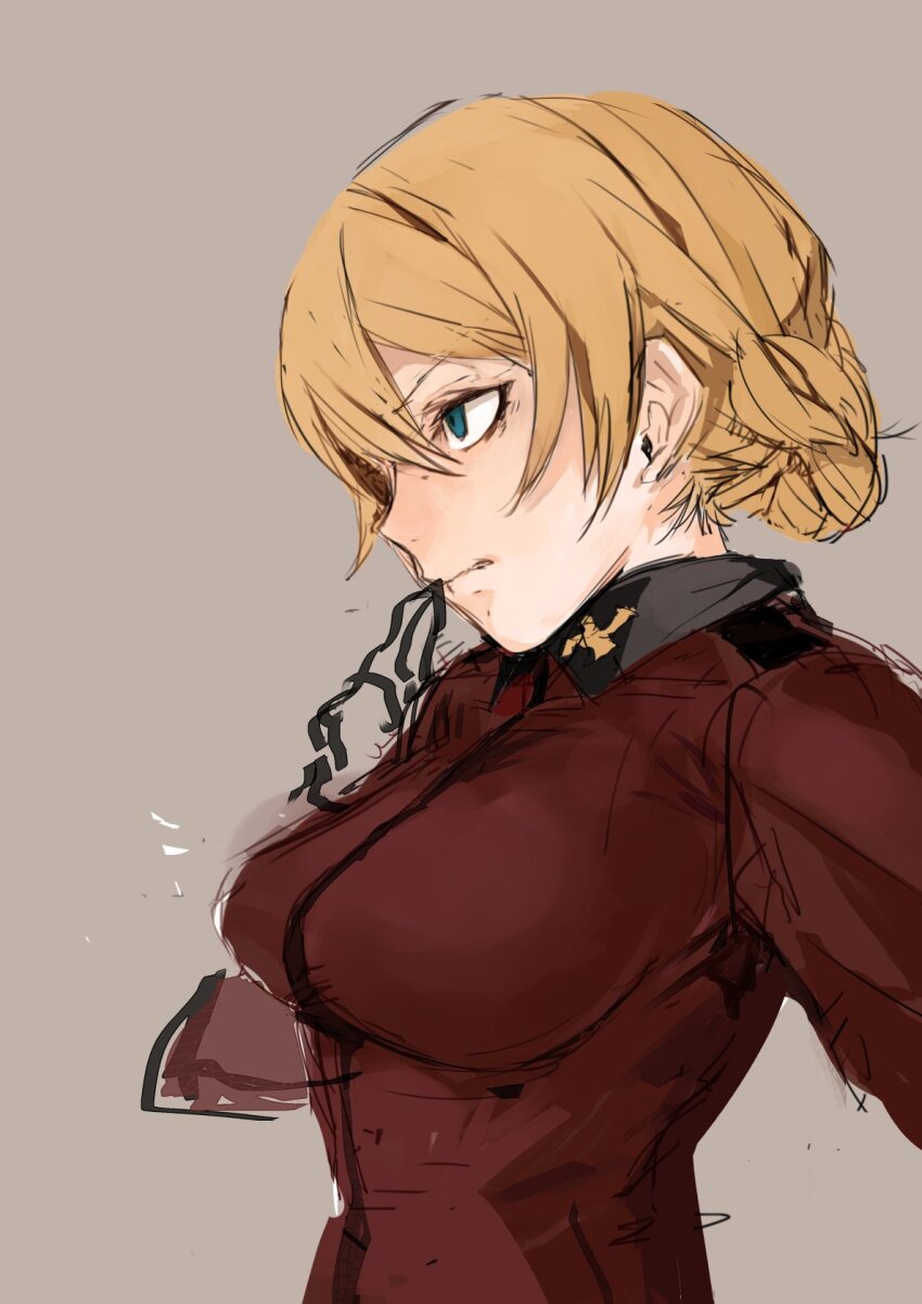 1girl alternate_breast_size alternate_hairstyle black_ribbon blue_eyes braid breasts commentary_request darjeeling_(girls_und_panzer) frown girls_und_panzer hair_ribbon highres hiranko jacket large_breasts mouth_hold orange_hair orange_pekoe_(girls_und_panzer) red_jacket ribbon ribbon_in_mouth serious st._gloriana&#039;s_military_uniform unworn_ribbon