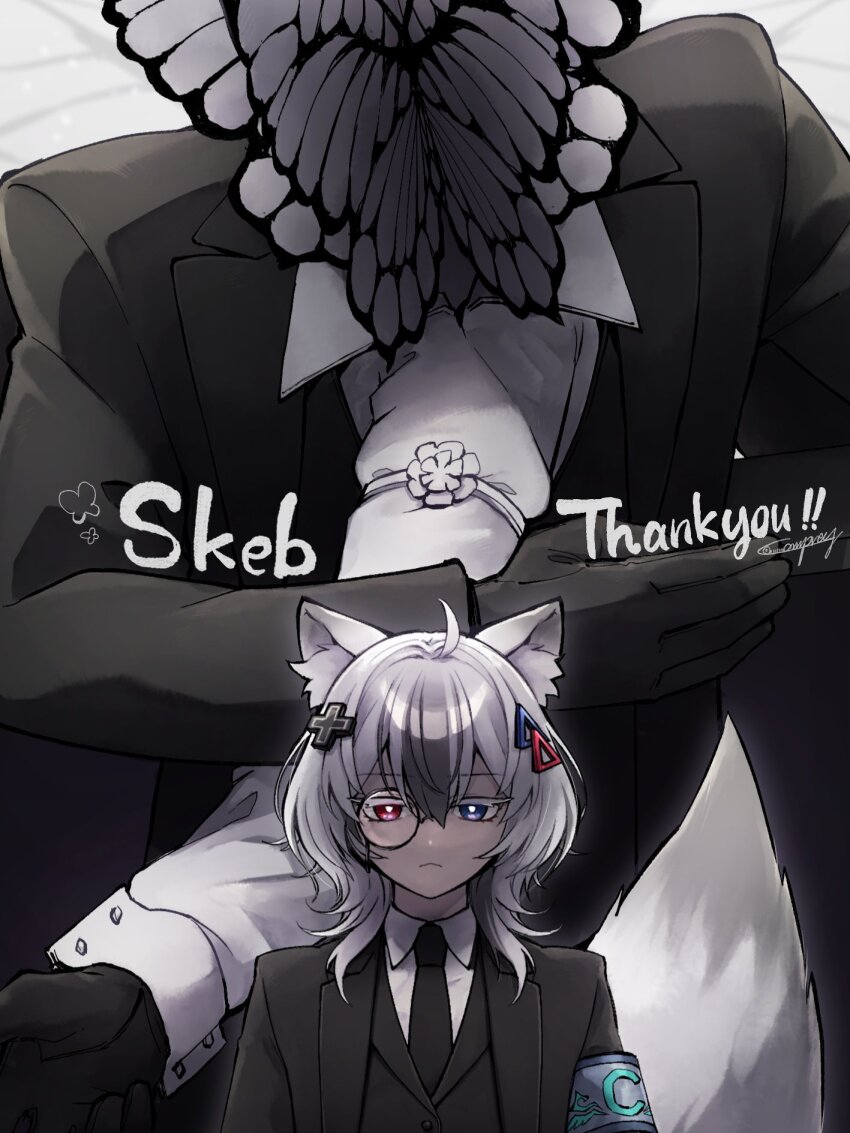 1boy 1girl ahoge animal_ear_fluff animal_ears animal_head armband black_coat black_necktie bug butterfly cat_ears closed_mouth coat employee_(project_moon) funeral_of_the_dead_butterflies grey_armband hair_ornament heterochromia highres insect lapels lobotomy_corporation looking_at_viewer medium_hair multicolored_hair necktie notched_lapels nugget_(project_moon) original plus_sign_ornament project_moon streaked_hair triangle_hair_ornament white_butterfly white_hair yatsumeunagi