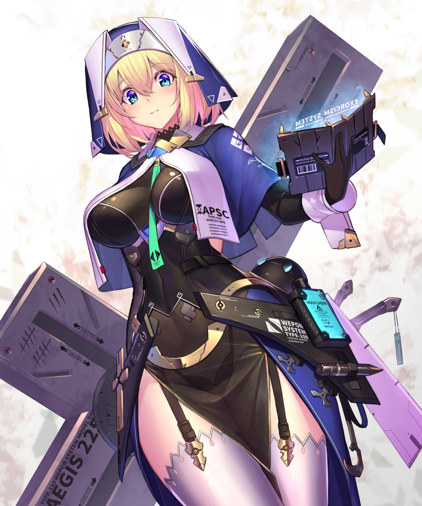 1girl armor armored_dress between_breasts black_dress blonde_hair blue_eyes breasts canteen cleavage coif cross dress garter_straps habit highres impossible_clothes mecha_musume necktie necktie_between_breasts nun original pelvic_curtain see-through_clothes short_hair smile solo sophia_f_shirring stake takamine_nadare thighhighs white_thighhighs