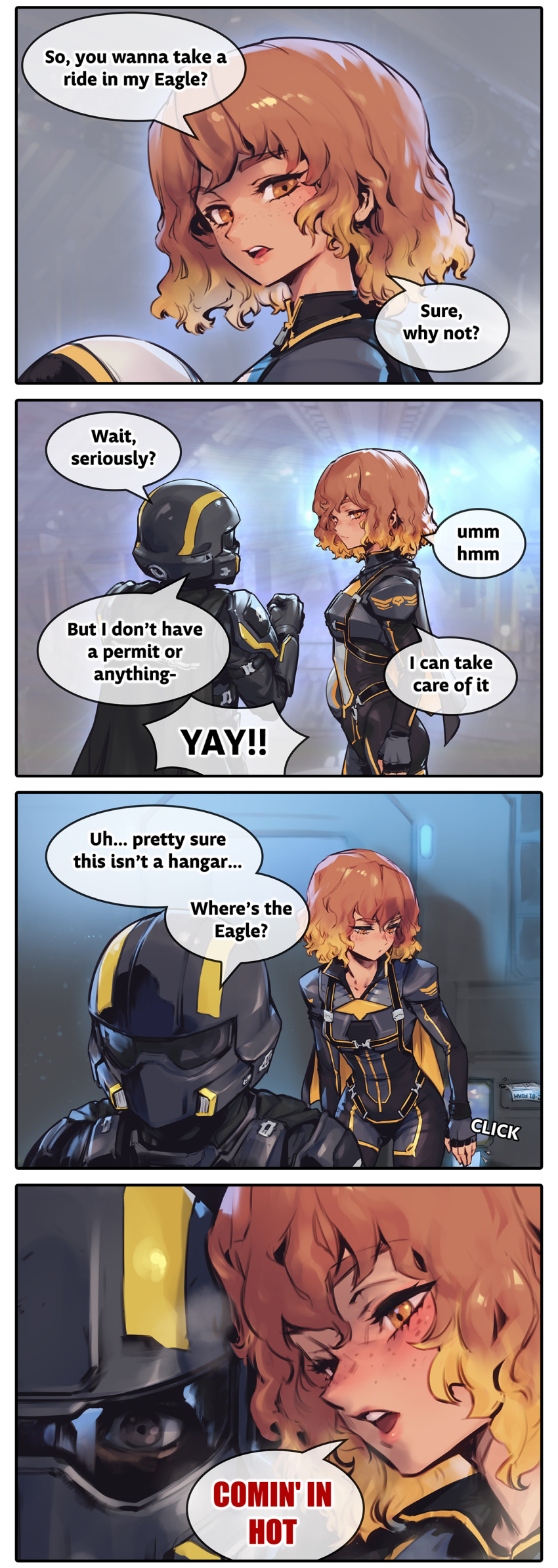 1girl absurdres aircraft_hanger black_visor blush eagle_1_(helldivers) english_text freckles helldiver_(helldivers) helldivers_(series) helmet highres orange_hair phantom_ix_row pilot_helmet sexually_suggestive speech_bubble super_earth_salute_(helldivers)