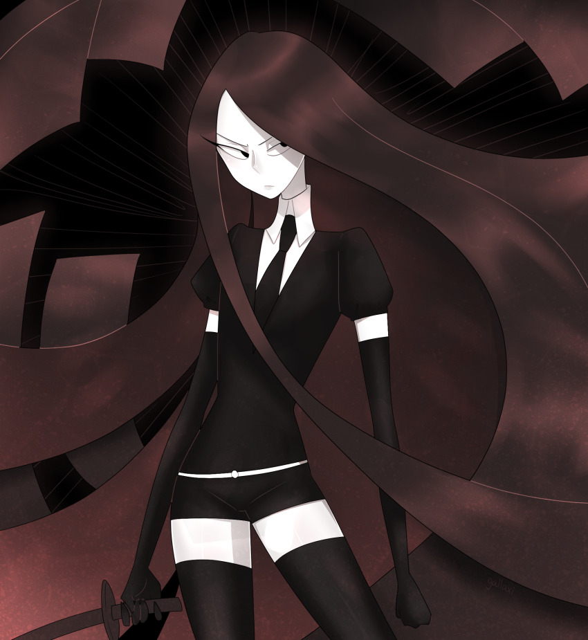 1other absurdly_long_hair black_background black_eyes black_gloves black_necktie black_shorts black_suit black_thighhighs bort brown_hair closed_mouth colored_skin elbow_gloves expressionless formal_clothes gallaxi gem_uniform_(houseki_no_kuni) gloves highres holding holding_sword holding_weapon houseki_no_kuni katana long_hair looking_to_the_side necktie other_focus outer_glow short_sleeves shorts solo suit sword thighhighs thighs very_long_hair weapon white_skin