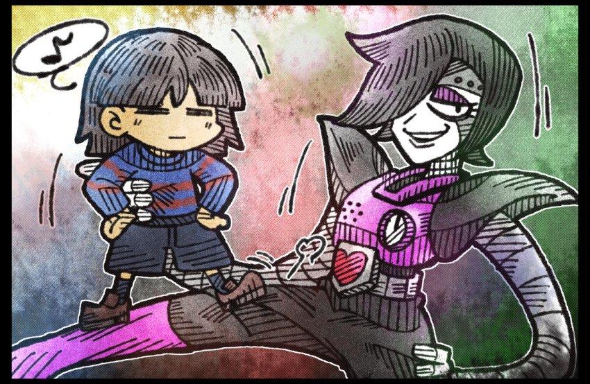 1boy =_= androgynous android arm_around_back armor bad_id bad_twitter_id belt black_hair black_legwear black_pants black_shorts blouse blue_shirt boots brown_footwear commentary frisk_(undertale) hair_over_one_eye hands_on_own_hips heart loafers mechanical_arms mettaton mettaton_ex musical_note pants pink_armor pink_boots pink_vest quaver red_stripes shirt shoes short_hair shorts shoulder_pads single_mechanical_arm size_difference smile spoken_musical_note standing_on_person striped_clothes striped_shirt suenari_(peace) teeth undertale vest