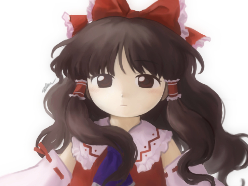 1girl absurdres ascot bow brown_eyes brown_hair detached_sleeves expressionless frilled_bow frilled_shirt_collar frills hair_bow hair_tubes hakurei_reimu highres long_hair portrait ribbon-trimmed_sleeves ribbon_trim sakumo_(okura_oishiiii) shirt sleeveless sleeveless_shirt solo touhou