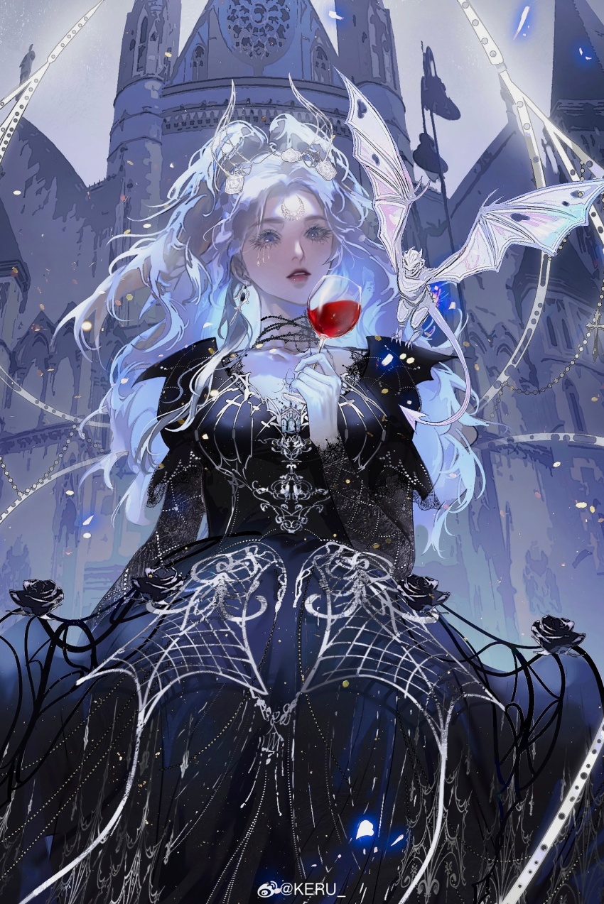 1girl alcohol arm_at_side bat_wings black_choker black_dress black_flower black_rose blue_eyes castle chinese_commentary choker crescent crescent_facial_mark cup demon_horns demon_wings dress drinking_glass earrings facial_mark falling_petals feet_out_of_frame flower forehead_mark gargoyle gown hair_flower hair_ornament half_updo hand_up highres holding holding_cup horns jewelry keru233 life_makeover lips long_hair long_sleeves mark_under_eye mini_person miniboy mole mole_under_eye parted_bangs parted_lips patterned_clothing petals print_dress red_wine rose solo teardrop_facial_mark translucent_horns transparent_wings watermark wavy_hair weibo_watermark white_flower white_hair white_horns white_rose white_wings wine wine_glass wings