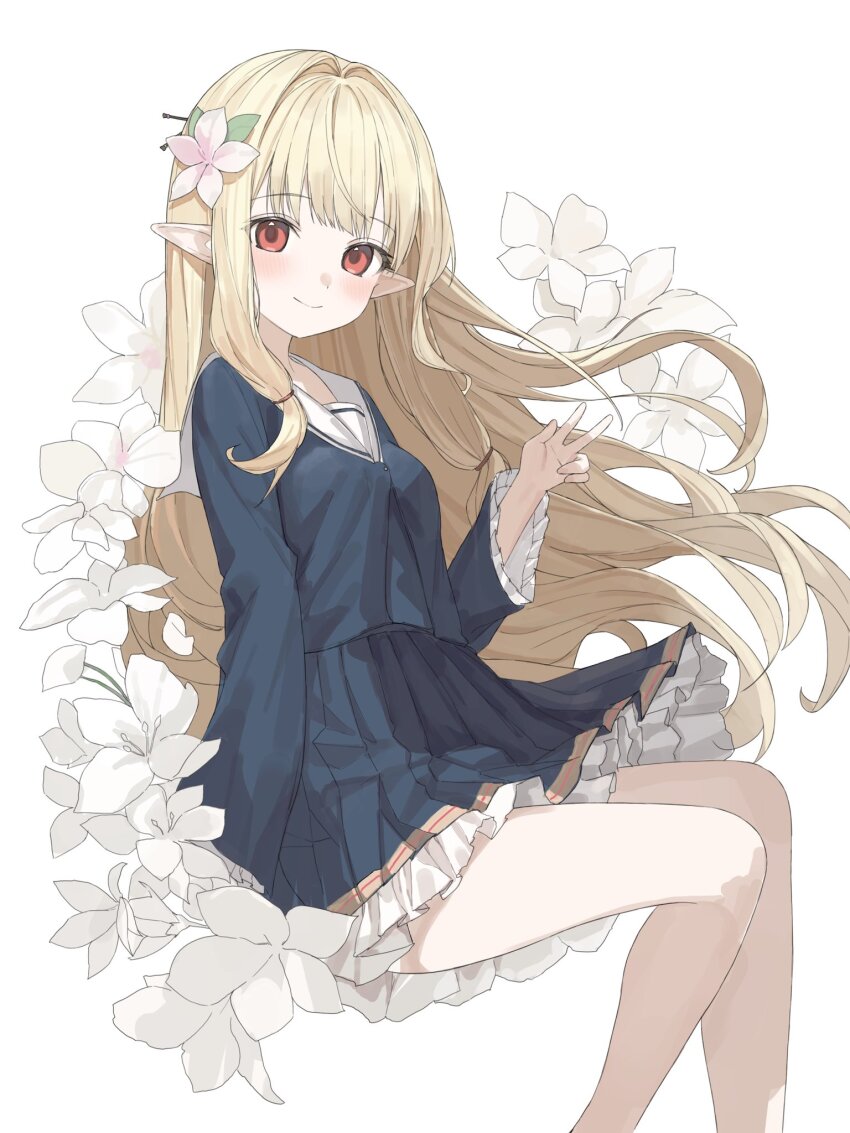1girl black_shirt black_skirt black_sleeves blonde_hair blush breasts choppy_bangs closed_mouth commentary commission feet_out_of_frame flower flower_request frilled_skirt frills hair_flower hair_intakes hair_ornament hand_up highres karyln long_hair long_sleeves looking_at_viewer miniskirt original pleated_skirt pointy_ears red_eyes shirt simple_background sitting skirt skirt_set small_breasts smile solo v very_long_hair white_background white_flower