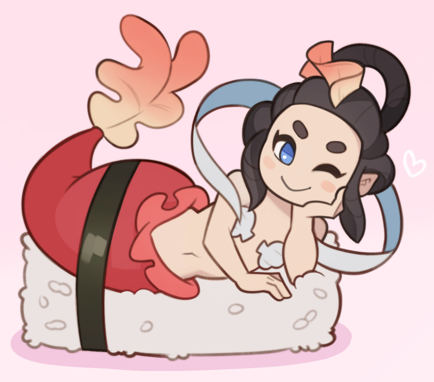 black_hair blue_eyes boa fins fish_tail food hagoromo heart hikimayu lying mermaid monster_girl navel ningyo_(youkai_watch) on_side one_eye_closed pointy_ears seashell seashell_bikini seaweed shawl shell sushi tail wink yokai youkai_watch