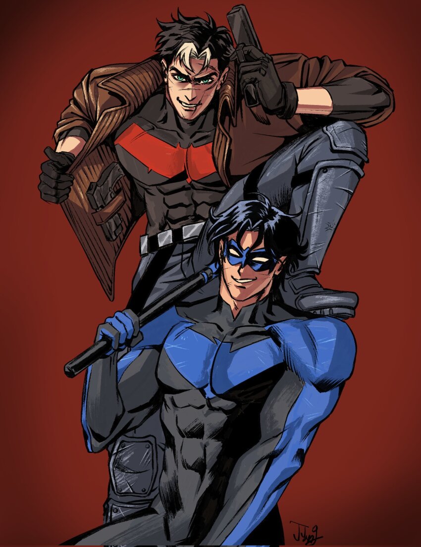 bat_signal batman_(series) batman_symbol black_bodysuit black_gloves black_hair bodysuit brothers brown_jacket dc_comics dick_grayson domino_mask gloves grey_bodysuit highres holding jacket jason_todd jjangpeoboi male_focus mask multicolored_hair multiple_boys muscular muscular_male nightwing open_clothes pants red_hood_(dc) red_hood_and_the_outlaws shirt short_hair siblings superhero_costume taut_bodysuit two-tone_bodysuit