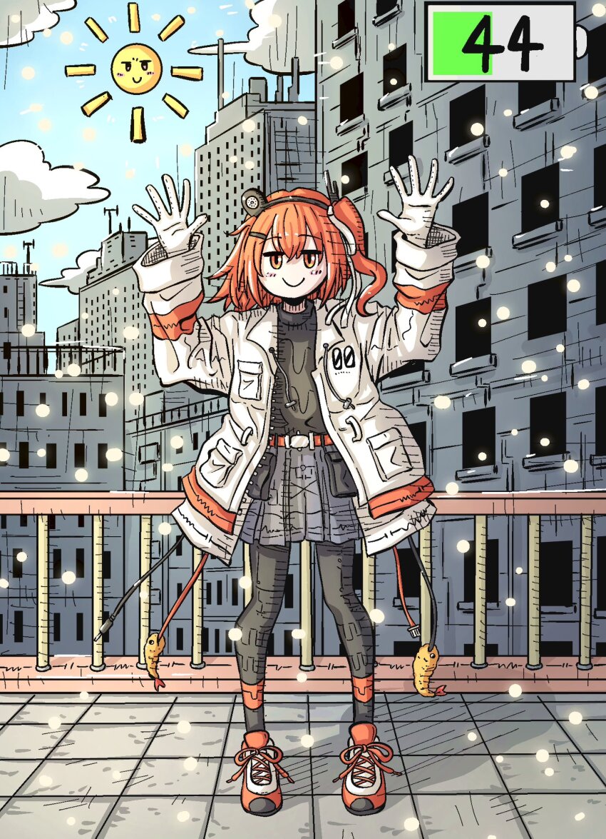 1girl a.i._voice adachi_rei arms_up battery_indicator belt belt_pouch black_pantyhose black_shirt building cable closed_mouth cloud day food full_body gloves grey_shorts hair_ribbon headlamp highres jacket long_sleeves looking_at_viewer mamesan0031 medium_hair one_side_up open_clothes open_jacket orange_belt orange_eyes orange_hair outside_border pantyhose pantyhose_under_shorts pleated_shorts pouch railing ribbon shirt shoelaces shoes shorts shrimp shrimp_tempura skyscraper smile sneakers solo standing straight-on sun sun_with_face tempura utau white_gloves white_jacket white_ribbon