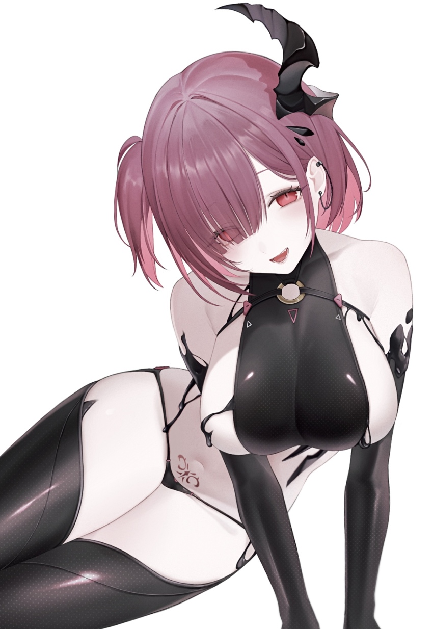 1girl black_horns black_liquid breasts ear_chain earclip fangs goddess_of_victory:_nikke highres horns large_breasts liquid_clothes looking_at_viewer micro_panties open_mouth panties pubic_tattoo red_eyes red_hair short_hair side_ponytail sideless_outfit simple_background single_horn tattoo thick_thighs thighs underwear wata_owo white_background ziz_(nikke)