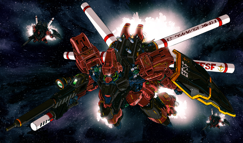 galbaldy_beta gun gundam highres holding holding_gun holding_weapon mecha mecha_focus ningen_plamo no_humans robot shield space weapon zeta_gundam zeta_gundam_define