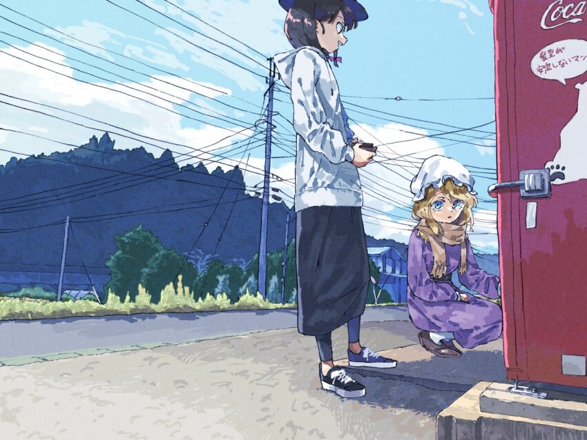 2girls adapted_costume black_pantyhose black_skirt blonde_hair blue_eyes blue_hat bow brown_eyes brown_hair brown_scarf coca-cola day dress full_body grin hat holding hood hood_down hoodie leggings long_skirt looking_at_another looking_up low-tied_sidelocks maribel_hearn medium_hair mob_cap multiple_girls nama_udon open_mouth outdoors pantyhose pink_bow power_lines purple_dress revision scarf shadow shoes sidelocks single_sidelock skirt smile sneakers squatting standing teeth touhou translation_request tree upper_teeth_only usami_renko utility_pole vending_machine white_hoodie