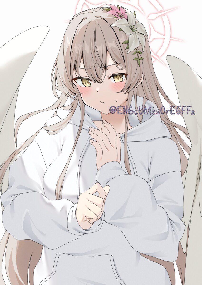 1girl :/ absurdres alternate_costume angel_wings blue_archive blush braid breasts brown_hair casual clenched_hand closed_mouth commentary crown_braid drawstring feathered_wings fingernails flower frown furrowed_brow hair_between_eyes hair_flower hair_ornament halo hand_on_own_chest hand_up highres hood hood_down hoodie long_hair long_sleeves looking_at_viewer medium_breasts nagisa_(blue_archive) pink_flower pink_halo simple_background solo sweatdrop twitter_username upper_body very_long_hair white_background white_flower white_hoodie white_wings wings yamano_rokamizu yellow_eyes