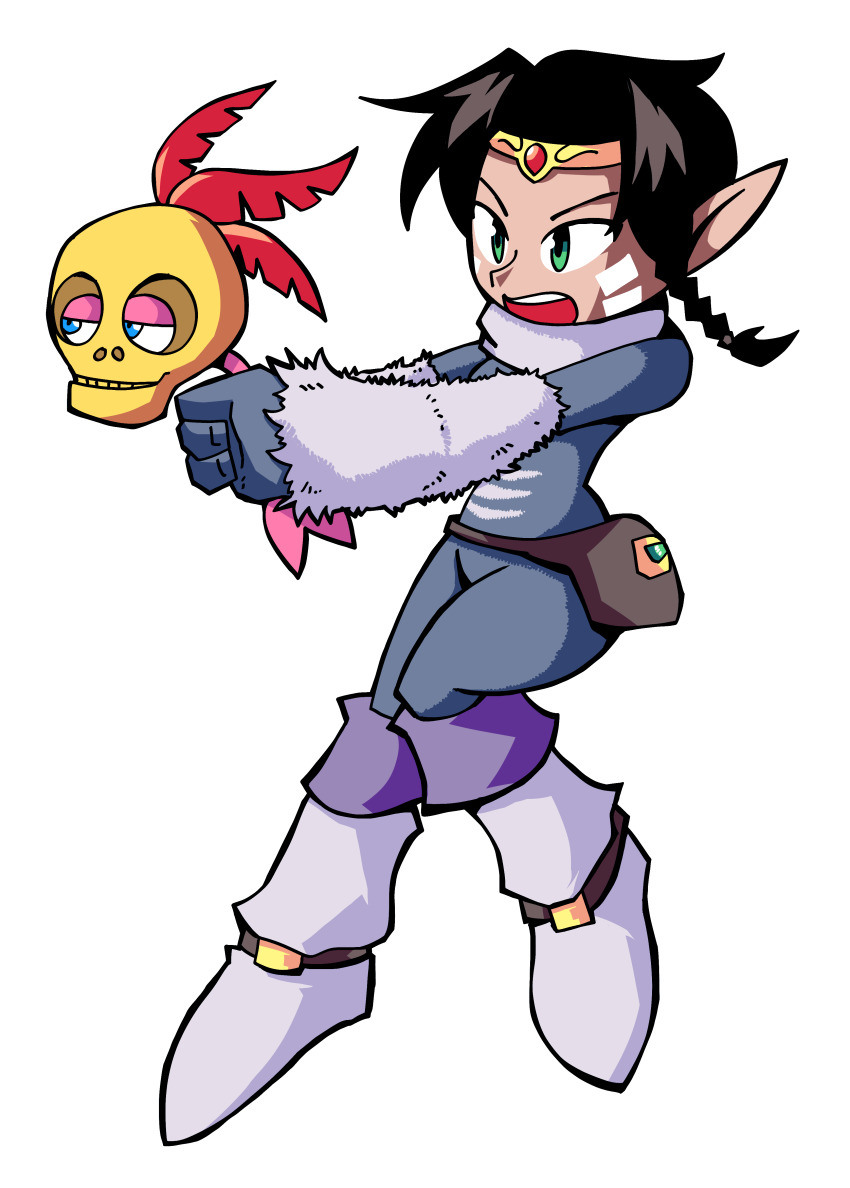 absurdres angry banjo-kazooie boots braid casting_spell chilla_(kameo:_elements_of_power) crown_hair_ornament elf highres holding holding_weapon kameo:_elements_of_power kameo_(kameo) living_weapon messy_hair monster_girl mumbo_jumbo_(banjo-kazooie) open_mouth pointy_ears pouch setz side_braid smug tan wand weapon yeti_(creature)