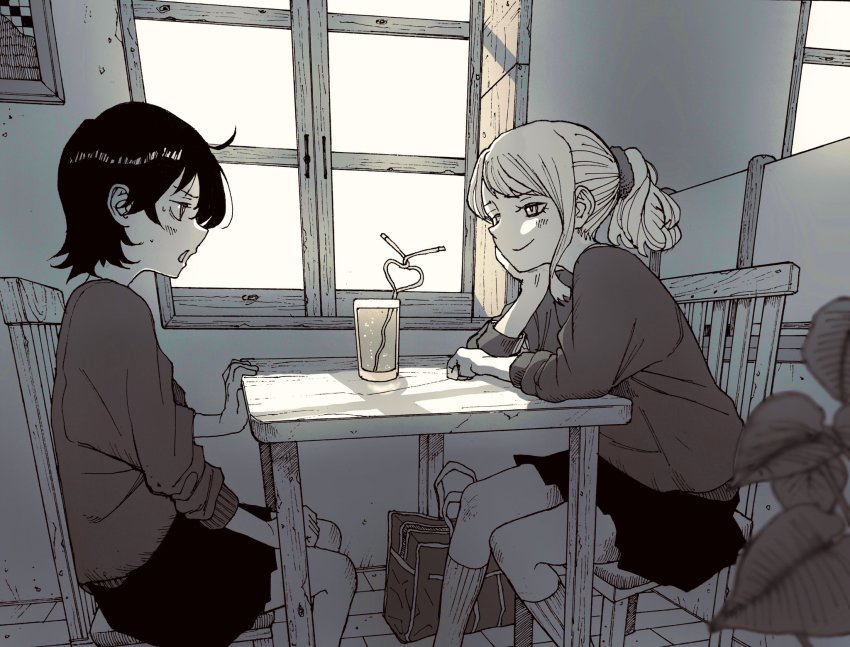 2girls ahoge arms_on_table bag unworn_bag blurry blurry_foreground chair commentary crazy_straw cup drinking_glass drinking_straw eye_contact from_side hair_ornament hair_scrunchie hand_on_own_cheek hand_on_own_face head_on_hand head_rest heart_straw highres indoors kneehighs long_sleeves looking_at_another monochrome multiple_girls omao on_chair open_mouth original plant ponytail profile restaurant school_bag scrunchie short_hair sitting skirt smile socks sweatdrop sweater table window
