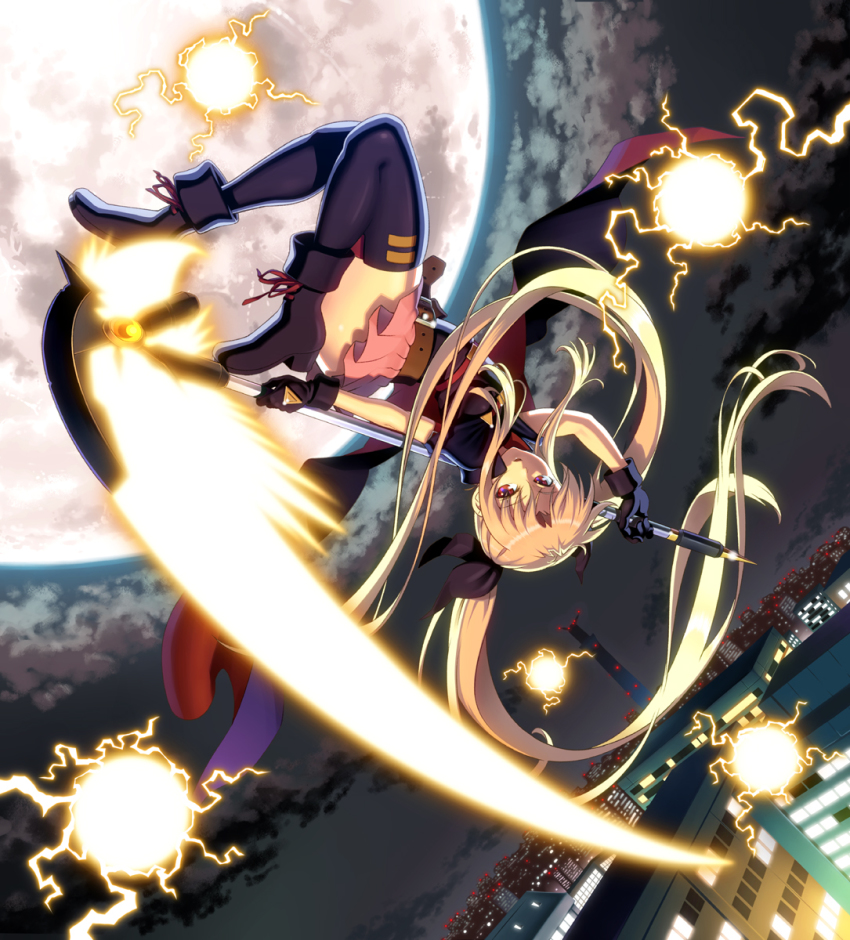 00s 1girl bardiche_(nanoha) bardiche_(scythe_form)_(nanoha) bow cityscape electricity fate_testarossa female_focus flying full_moon hair_bow highres long_hair lyrical_nanoha mahou_shoujo_lyrical_nanoha moon pairan scythe skirt solo thighhighs twintails zettai_ryouiki