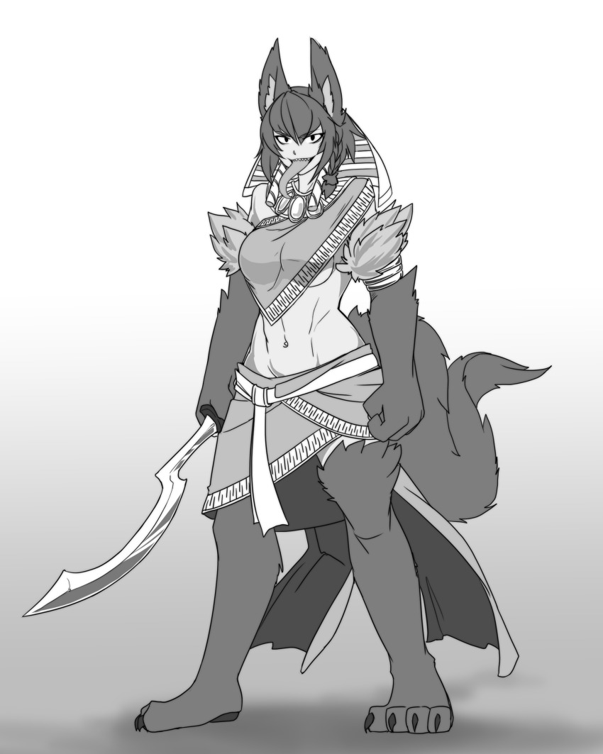 abs absurdres ancient_egyptian ancient_egyptian_clothes animal_ear_fluff animal_ears bobanon braid breasts dark-skinned_female dark_skin egyptian_mythology full_body highres khopesh less long_tongue midriff monster_girl monster_girl_encyclopedia navel neck original pelvic_curtain set_(less/bob) set_(mythology) sharp_teeth sword tail tall_female teeth tongue underboob vagabonds weapon wolf_ears wolf_girl wolf_paws wolf_tail