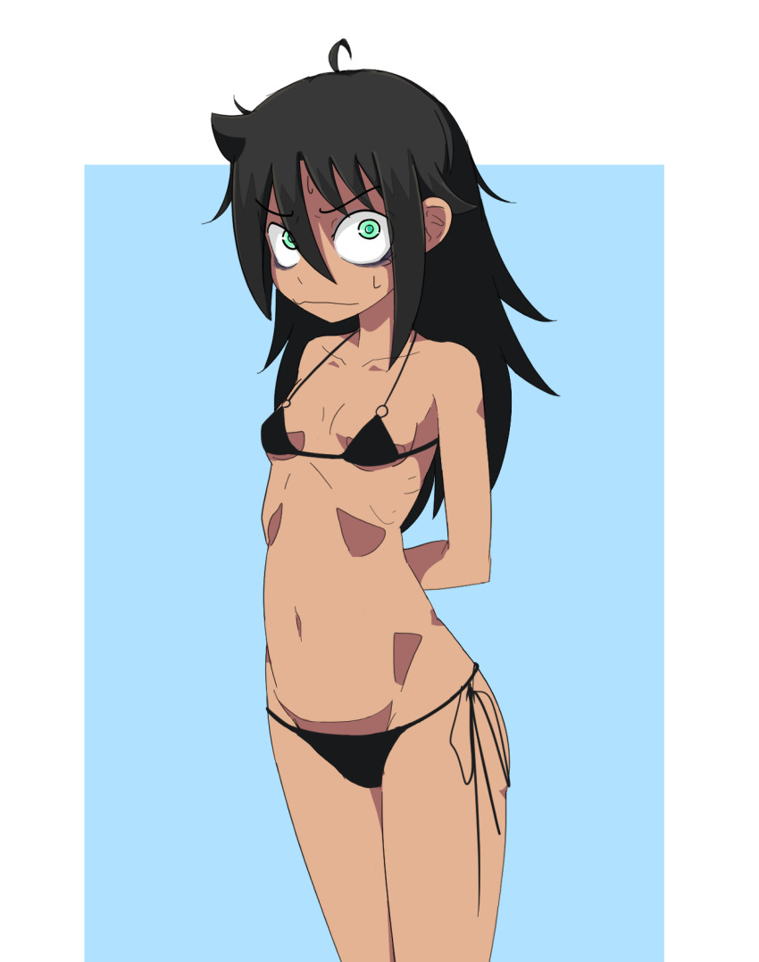 1girl :| ahoge arms_behind_back bags_under_eyes bikini black_bikini black_hair blue_background closed_mouth cowboy_shot female_focus framed green_eyes hair_between_eyes highres kuroki_tomoko kurokimoko looking_at_viewer micro_bikini midriff multicolored_background navel ribs side-tie_bikini_bottom simple_background solo standing string_bikini sweat swimsuit tan two-tone_background upper_body watashi_ga_motenai_no_wa_dou_kangaetemo_omaera_ga_warui! white_background