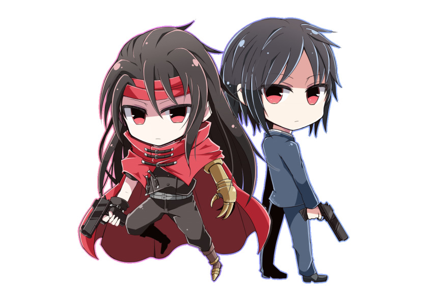 2boys age_progression armored_boots belt black_gloves black_hair black_jacket black_pants black_shirt black_suit boots chibi clawed_gauntlets cloak final_fantasy final_fantasy_vii fingerless_gloves formal_clothes full_body gloves gun hair_between_eyes headband holding holding_gun holding_weapon jacket long_hair male_focus multiple_belts multiple_boys nanao_(zonzonsh) pants pointy_footwear red_cloak red_eyes red_headband shirt short_hair suit suit_jacket vincent_valentine weapon white_background white_shirt