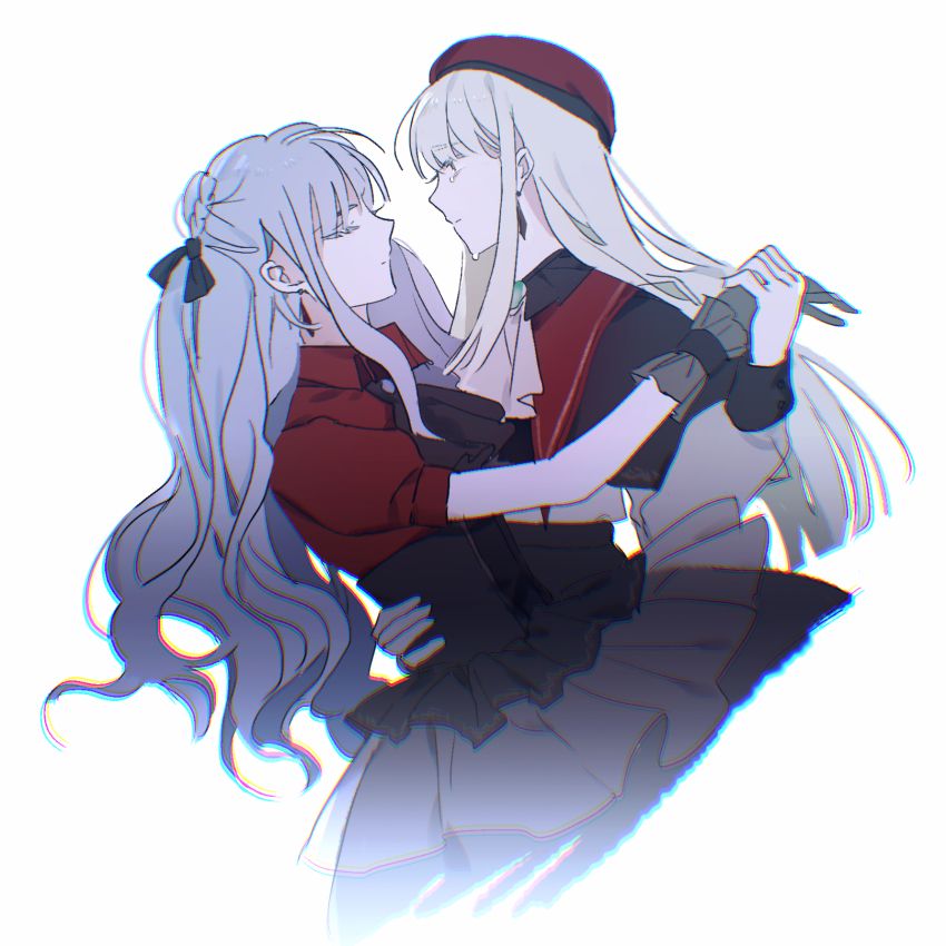 2girls ascot bang_dream! bang_dream!_it&#039;s_mygo!!!!! beret black_ascot black_capelet black_corset black_ribbon black_skirt blue_brooch blue_hair capelet chromatic_aberration closed_eyes closed_mouth commentary corset crying crying_with_eyes_open dancing earrings gloves green_brooch green_hair grey_gloves hair_ribbon hat highres jewelry long_hair mortis_(bang_dream!) mortis_(costume)_(bang_dream!) multiple_girls oblivionis_(bang_dream!) puffy_short_sleeves puffy_sleeves red_hat red_shirt reiboubyou ribbon shirt short_sleeves simple_background skirt tears togawa_sakiko wakaba_mutsumi watermark weibo_watermark white_ascot white_background yellow_eyes yuri