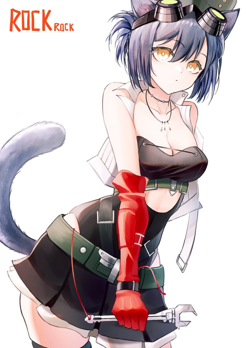 1girl absurdres animal_ears arknights bandeau bare_shoulders belt black_skirt blue_hair breasts cat_ears cat_tail character_name chinese_commentary cleavage commentary_request cowboy_shot elbow_gloves gloves goggles goggles_on_head green_belt hair_between_eyes highres holding holding_wrench jewelry lewenxijian looking_at_viewer medium_breasts miniskirt necklace pleated_skirt red_gloves rockrock_(arknights) short_hair simple_background skirt solo standing tail vest white_background white_vest wrench yellow_eyes