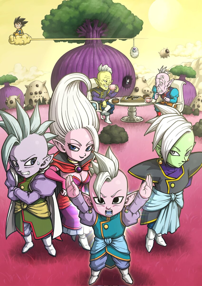 black_eyes blue_eyes board_game breasts cape cleavage cocoon colored_skin cup degesu dr._arinsu dragon_ball dragon_ball_daima dragon_ball_super earrings elbow_gloves elder_kai final_form_frieza floating_hair flying_nimbus frieza gloves go_(board_game) gowasu green_skin grey_eyes hifumi_o123 highres holding holding_cup jewelry mohawk potara_earrings puffy_sleeves purple_skin sash shin_(dragon_ball) son_goku tree white_hair yellow_skin zamasu