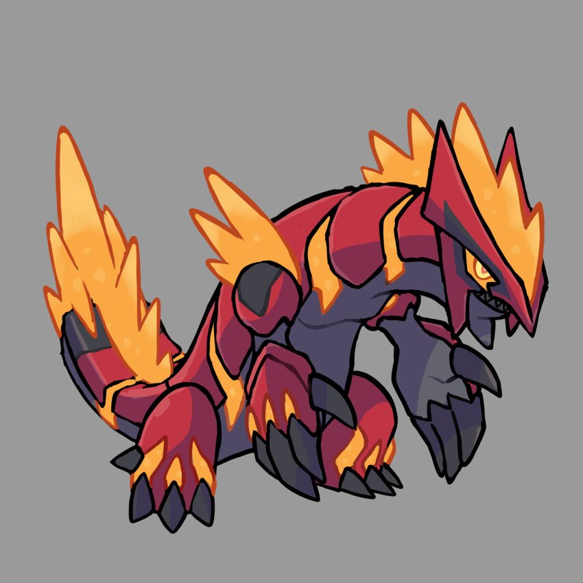 absurdres adoptable animal_focus black_teeth claws colored_sclera commentary english_commentary fakemon full_body gen_3_pokemon grey_background groudon highres legendary_pokemon nintendo no_humans orange_sclera original pokemon pokemon_(creature) pokemon_focus primal_groudon rgreywind sharp_teeth simple_background solo standing teeth yellow_eyes