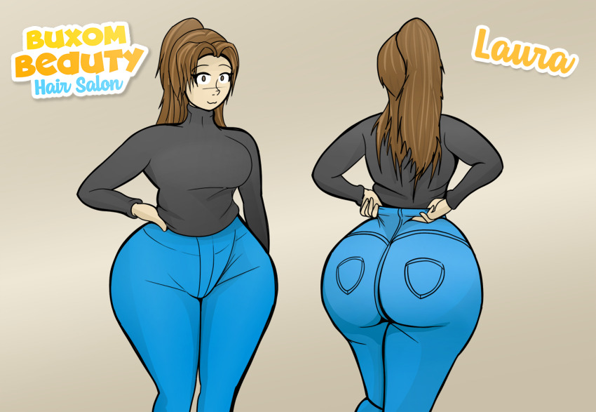 1girl ahoge ass black_shirt breasts brown_eyes brown_hair buxom_beauty_hair_salon commentary cursive curvy denim english_commentary from_behind hand_on_own_hip huge_ahoge huge_ass jeans large_breasts laura_(thiccdrawings) long_hair long_sleeves looking_at_viewer original pants ponytail reference_sheet shirt smile solo squeezing thiccdrawings thighs title turtleneck turtleneck_shirt wide_hips